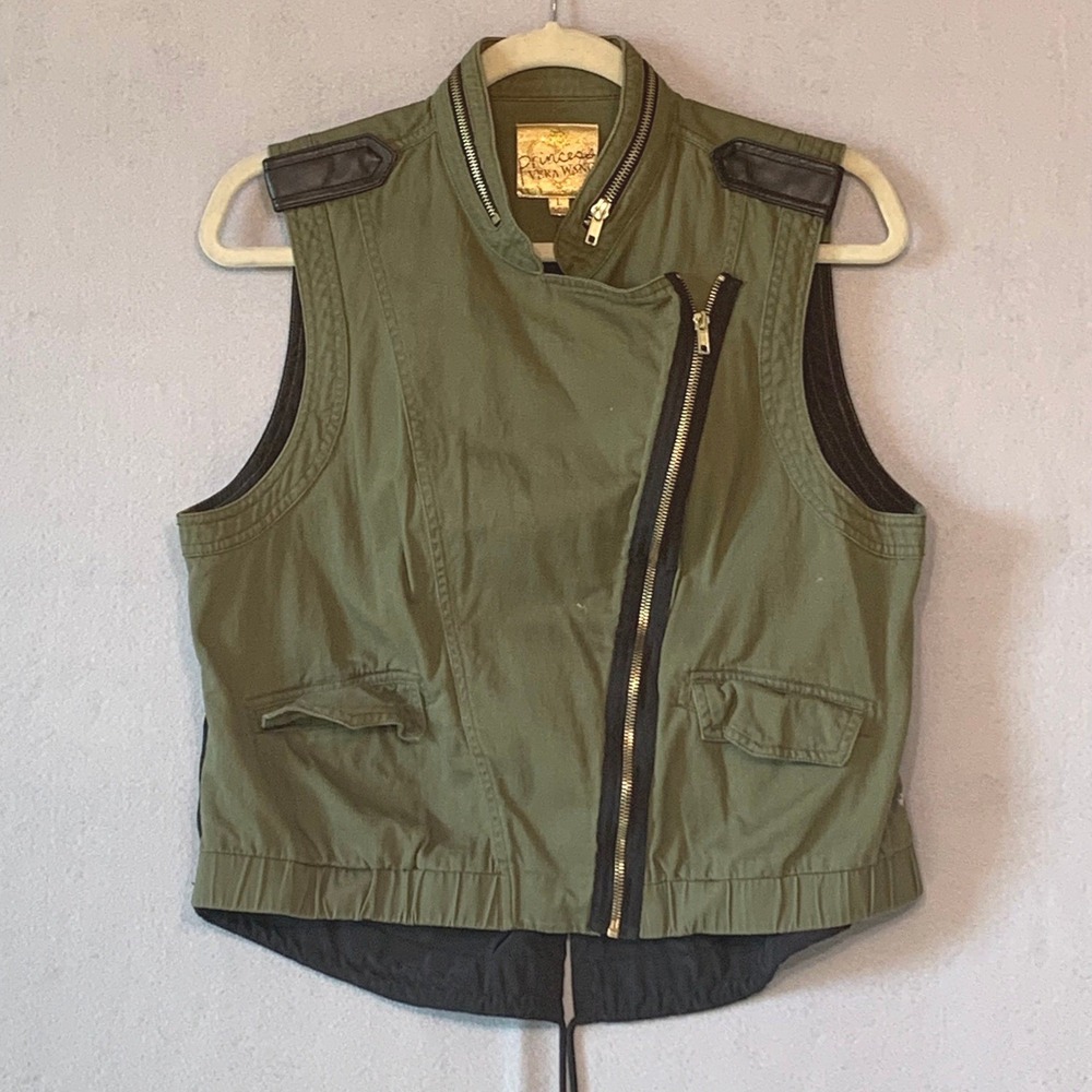 Princess Vera Wang Womens Olive Green Utility Moto Vest Faux Leather Back Large